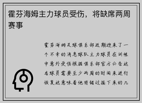 霍芬海姆主力球员受伤，将缺席两周赛事