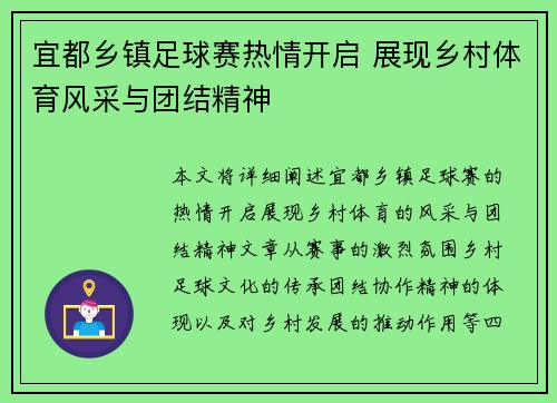 宜都乡镇足球赛热情开启 展现乡村体育风采与团结精神