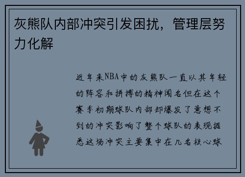 灰熊队内部冲突引发困扰，管理层努力化解
