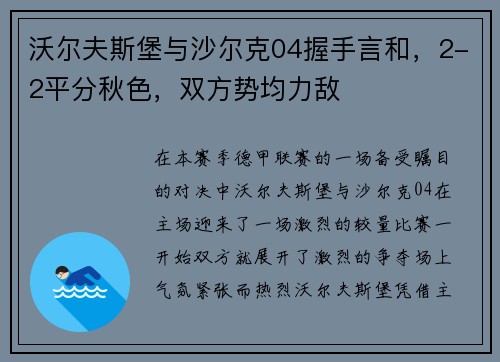 沃尔夫斯堡与沙尔克04握手言和，2-2平分秋色，双方势均力敌