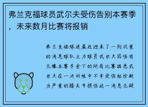 弗兰克福球员武尔夫受伤告别本赛季，未来数月比赛将报销