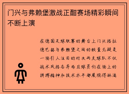 门兴与弗赖堡激战正酣赛场精彩瞬间不断上演